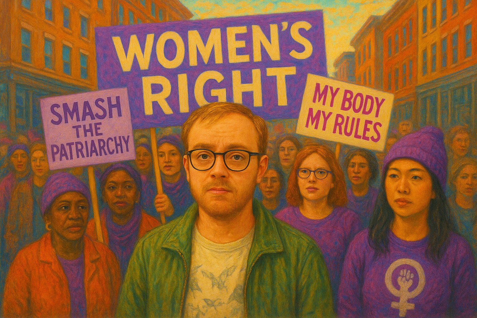 not luke wenke balding blonde white man eyeglasses green jacket feminist demonstration protest womens rights