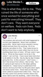 screenshot of an october 2023 luke wenke x/twitter post blaming the us federal government for his problems