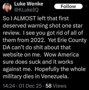 luke wenke x twitter saying america is against him and he supports venezuela december 2025