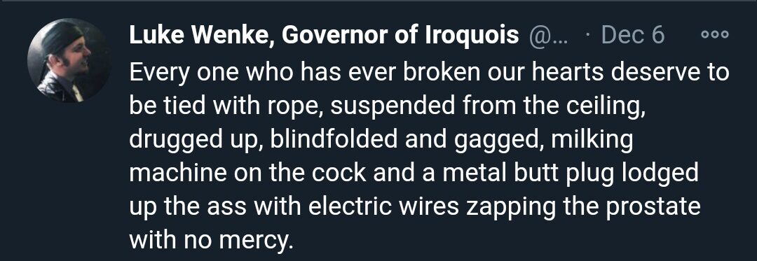 screenshot of a december 2020 luke wenke tweet expressing a rape and torture fantasy