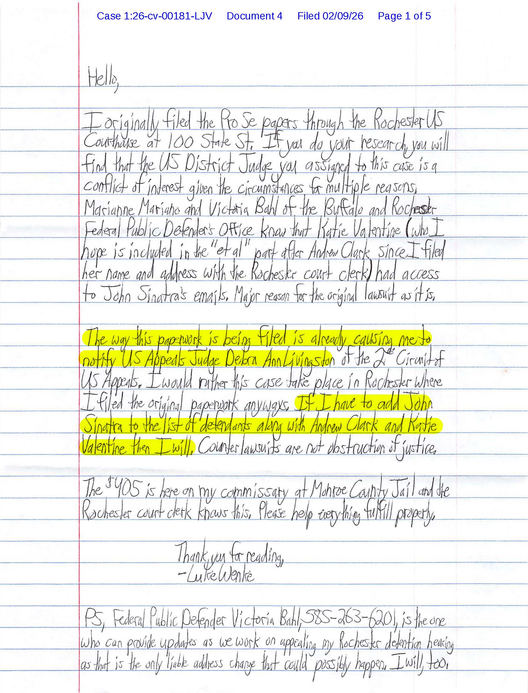 A handwritten letter from Luke Wenke to the federal court clerk in Rochester, NY; 02/09/2026