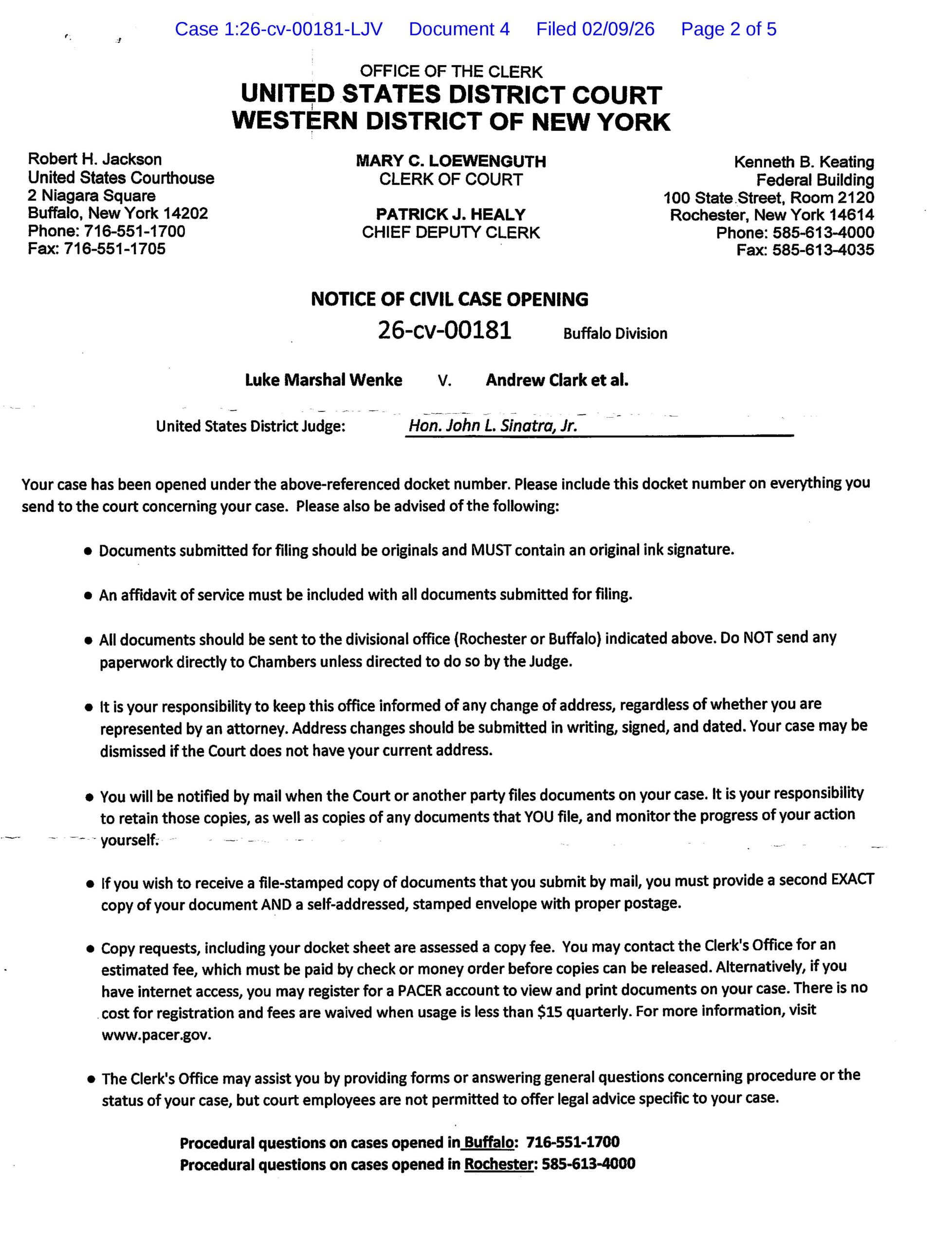 A handwritten letter from Luke Wenke to the federal court clerk in Rochester, NY; 02/09/2026