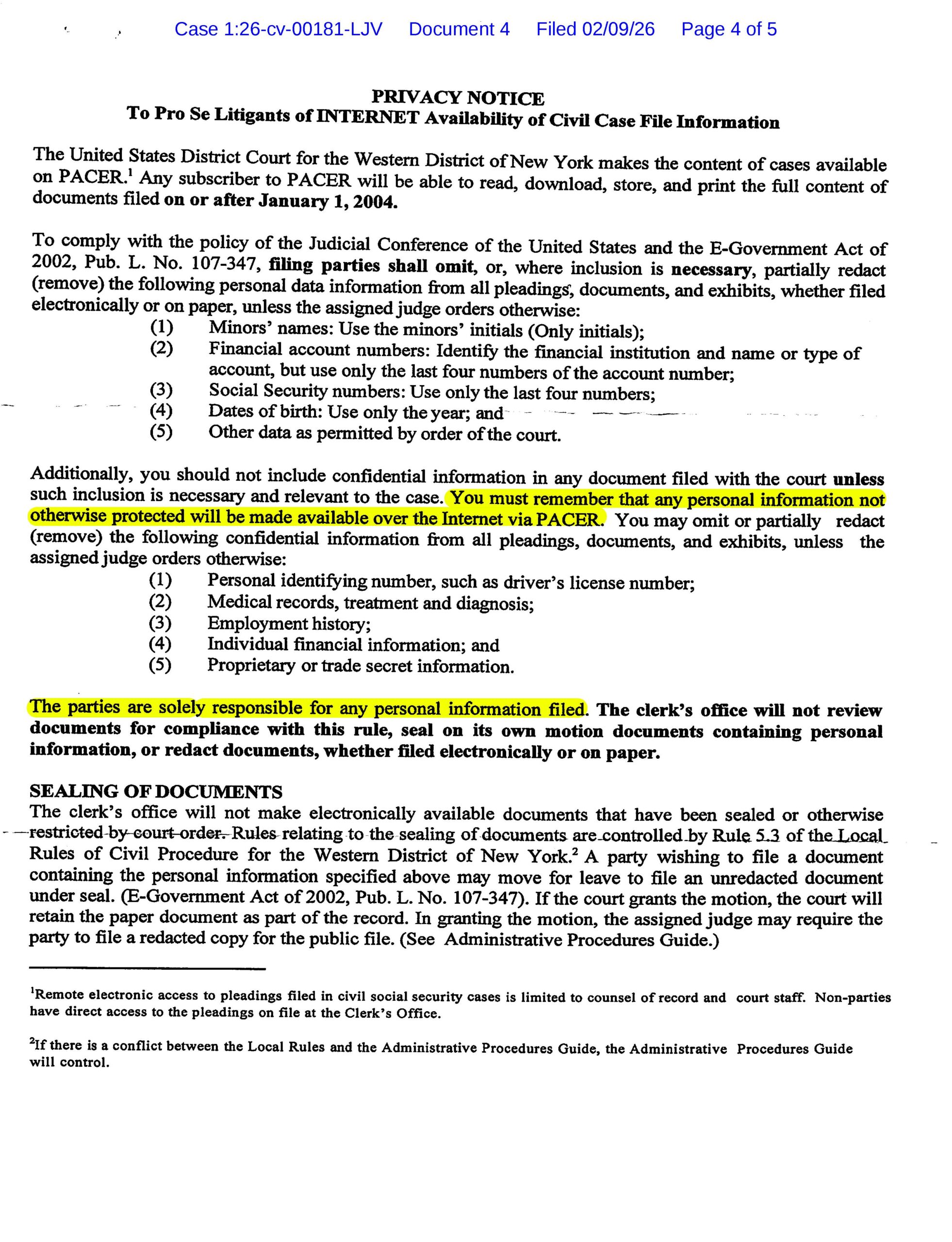 A handwritten letter from Luke Wenke to the federal court clerk in Rochester, NY; 02/09/2026