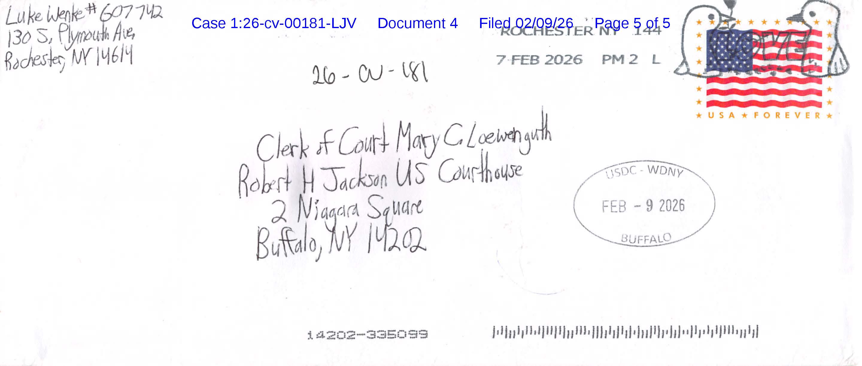 A handwritten letter from Luke Wenke to the federal court clerk in Rochester, NY; 02/09/2026