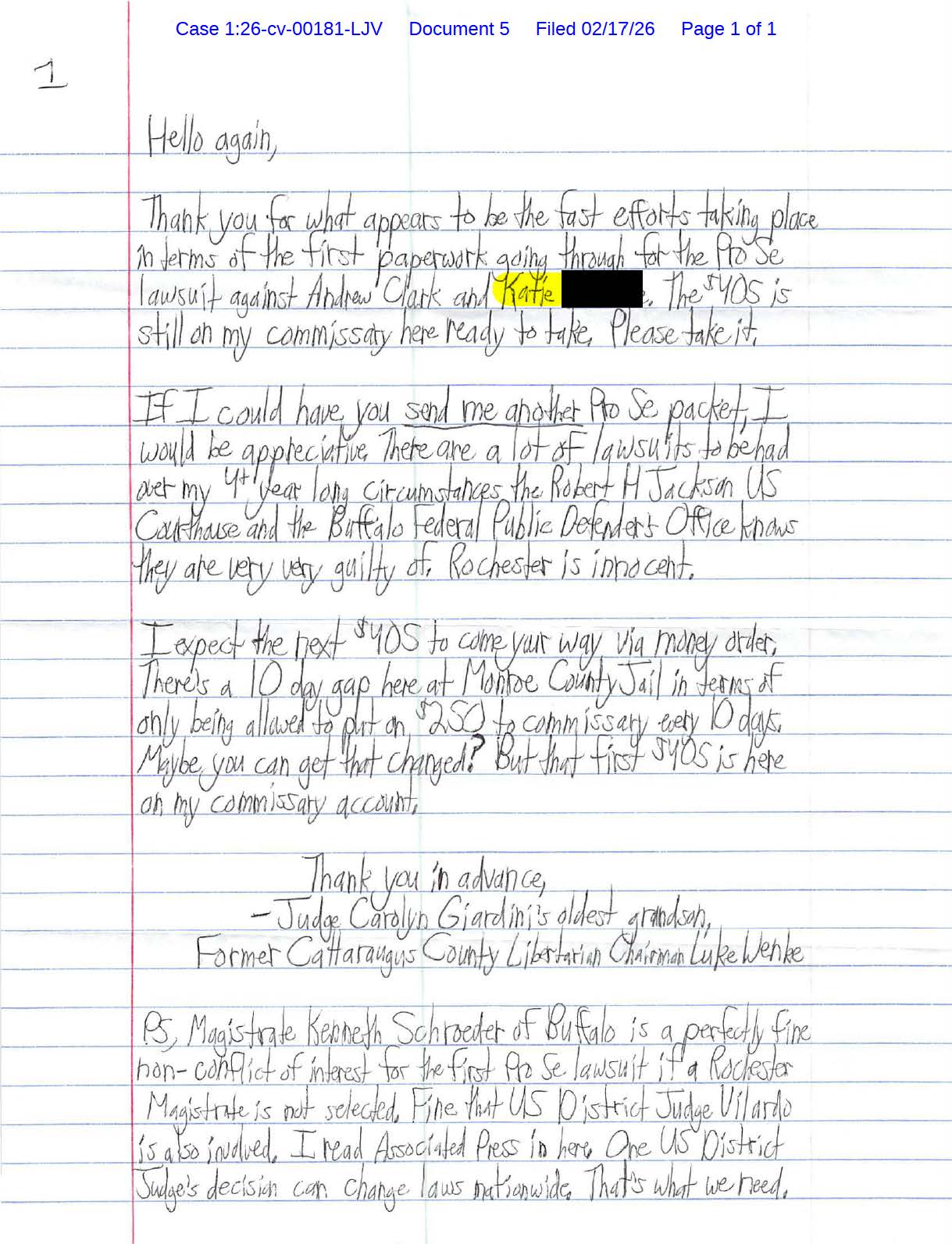 A handwritten letter from Luke Wenke to the Rochester, NY federal courthouse 02/17/2026