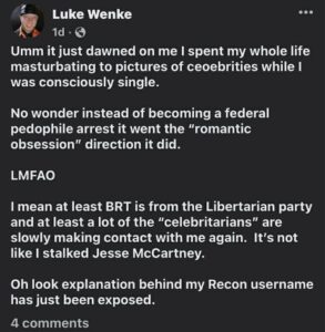 screenshot of a luke wenke tweet about masturbation and his obsession with ryan teeter 2020