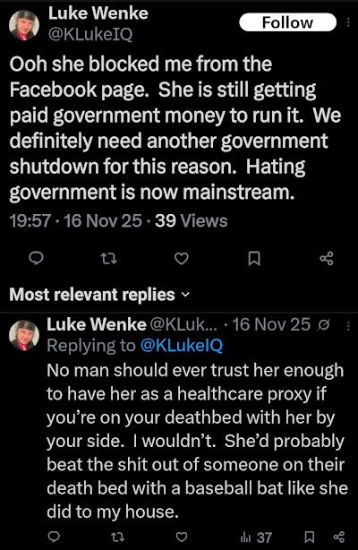 screenshot of a november 2025 luke wenke x/twitter post complaining because stalking victim katie blocked him
