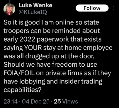 screenshot of a December 2025 Luke Wenke X/Twitter post accusing stalking victim Katie of abusing drugs