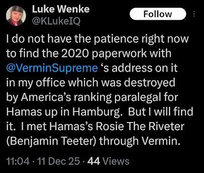 screenshot of a 2025 luke wenke x/twitter post threatening to doxx vermin supreme