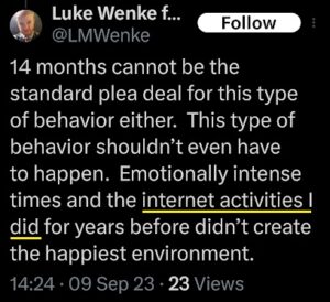 luke wenke admits to instigating drama on social media x/twitter screenshot september 2023