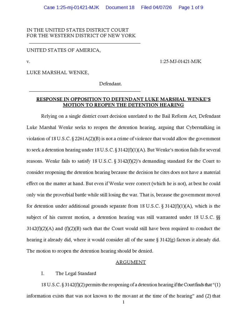 usa v. luke wenke prosecution's opposition to defense motion for new bail hearing april 2026