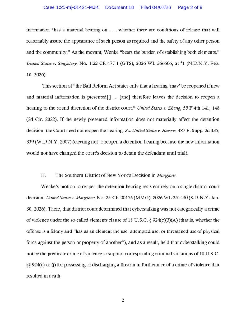 usa v. luke wenke prosecution's opposition to defense motion for new bail hearing april 2026
