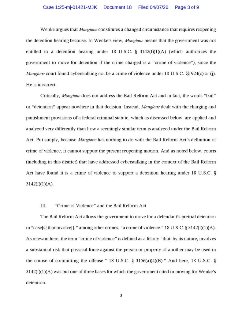 usa v. luke wenke prosecution's opposition to defense motion for new bail hearing april 2026