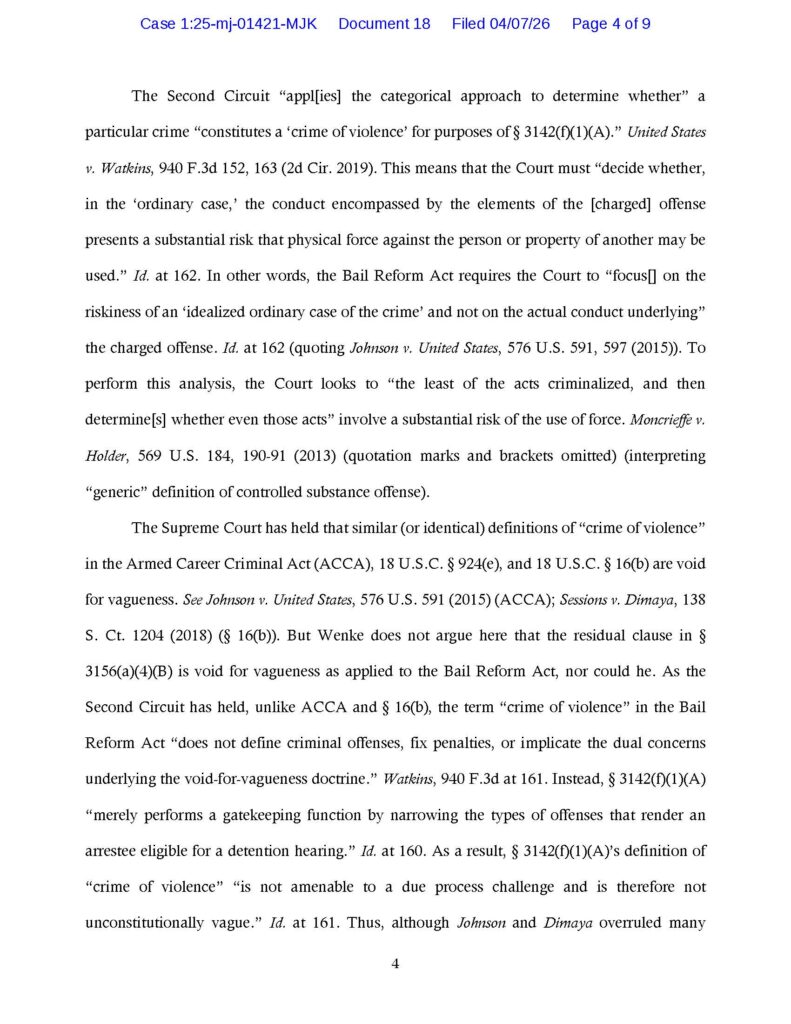 usa v. luke wenke prosecution's opposition to defense motion for new bail hearing april 2026