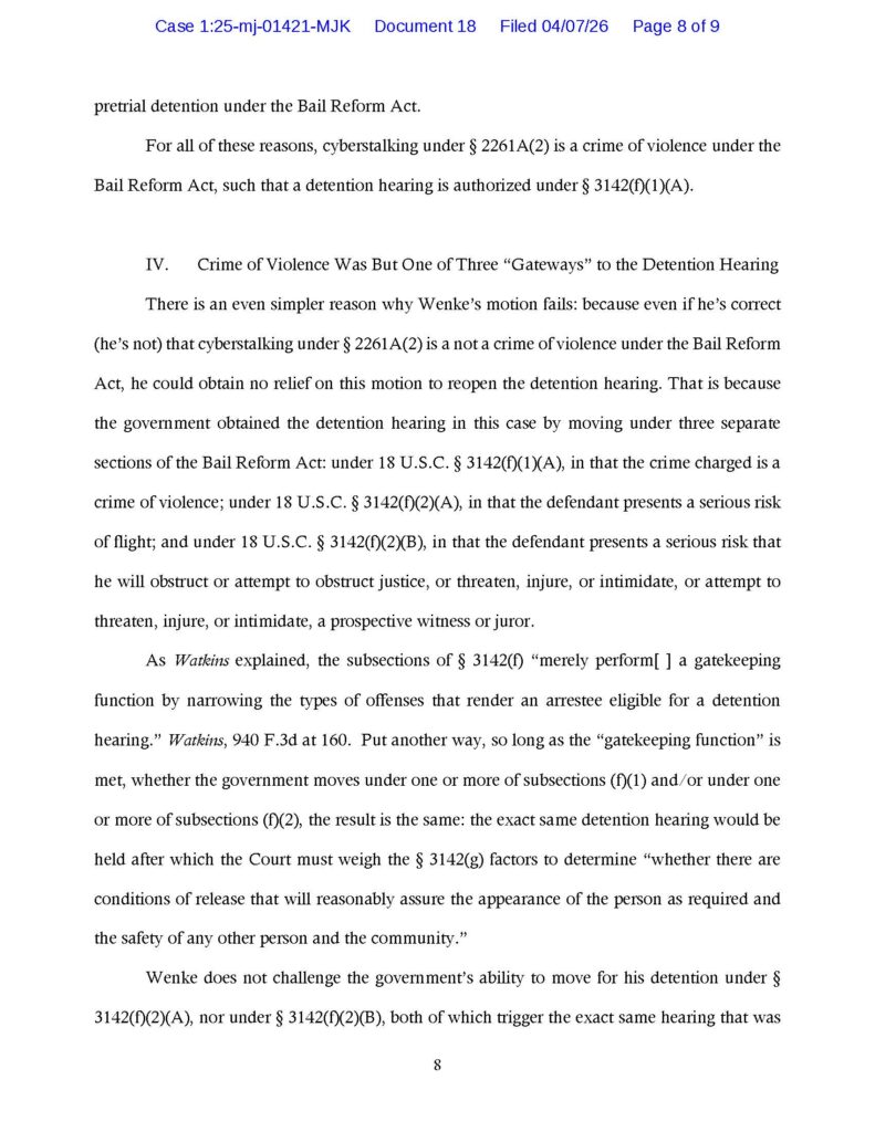 usa v. luke wenke prosecution's opposition to defense motion for new bail hearing april 2026