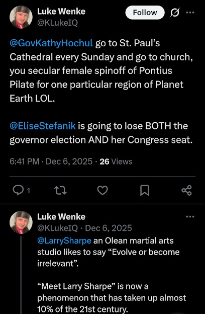screenshot of a december 2025 tweet from Luke Wenke to ny governor kathy hochul