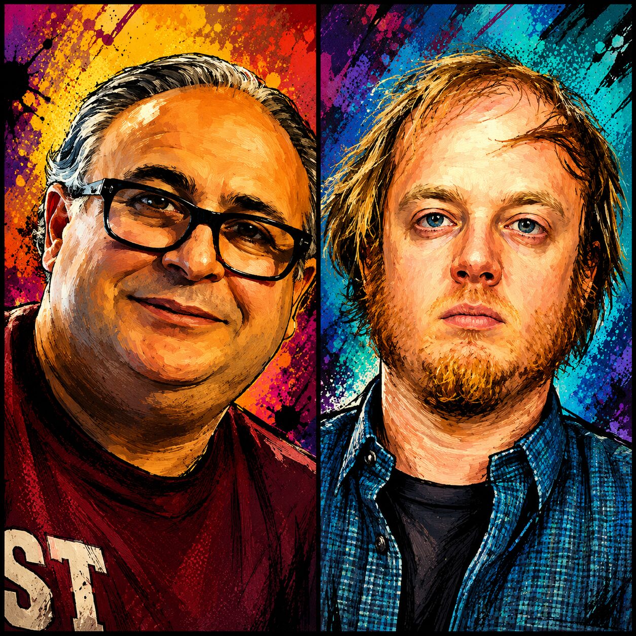 a painterly image of men resembling peter gerace and luke wenke