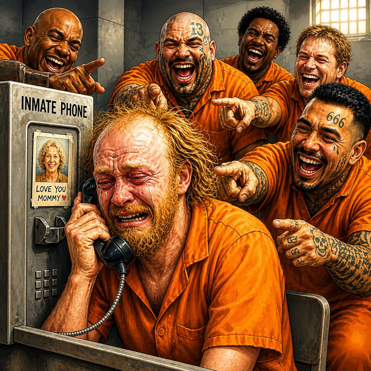 painterly/comic-like image of a generic balding white jail inmate crying during a phone call with his mommy while fellow inmates point and laugh