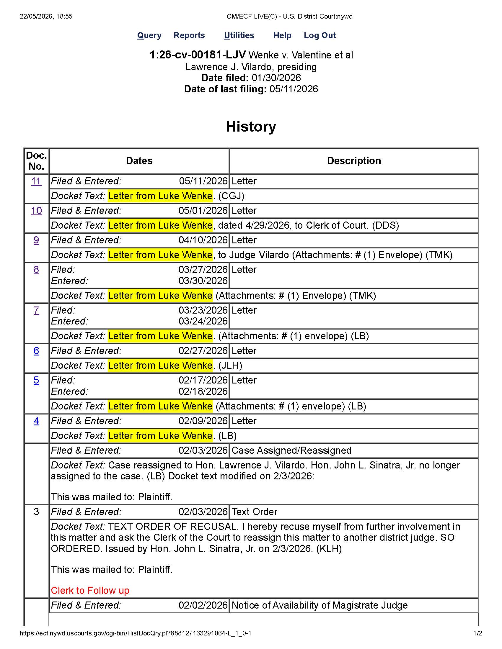 docket report for luke wenke v. valentine civil lawsuit 1-26-cv-00181