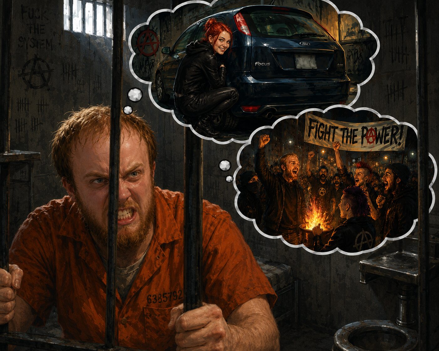 a comic-like image of a 30-something balding white man daydreaming in a prison cell about anarchy and property crimes