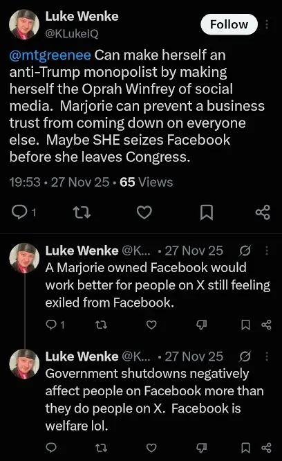 Screenshot of a November 2025 Luke Wenke X/Twitter post directed at Marjorie Taylor Greene