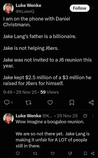screenshot of a Nov. 2025 Luke Wenke X/Twitter post about wanting a Boogaloo reunion with Daniel Christmann