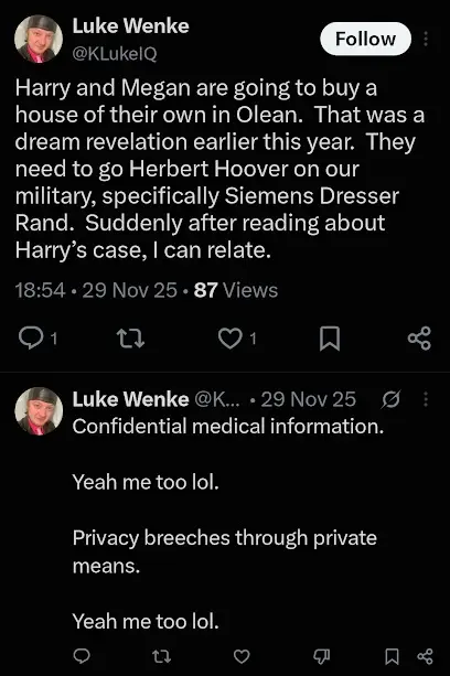 screenshot of an 11/2025 luke wenke post thinking prince harry is moving to Olean, NY