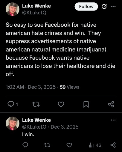 screenshot of a december 2025 Luke Wenke X/Twitter post pretending not to be racist