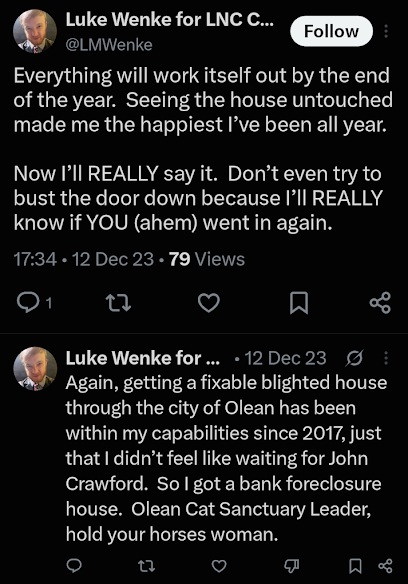 Screenshot of a December 2023 Luke Wenke X/Twitter post falsely accusing stalking victim of home invasion